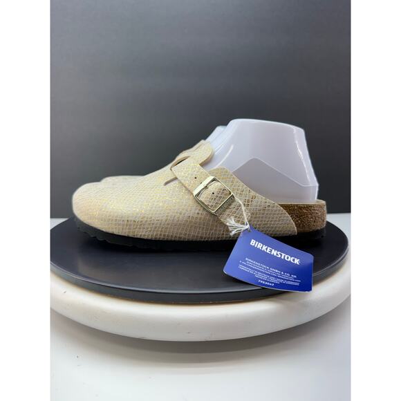 Birkenstock Boston Clogs Shiny Gold Python Eggshell Womens Size 7 Narrow Slip On - Picture 3 of 11